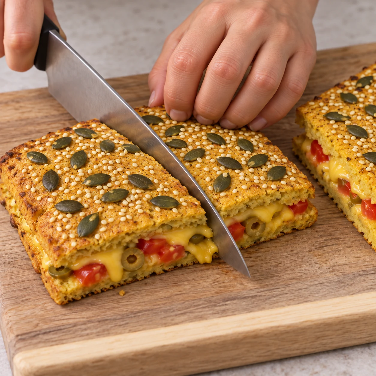 Découpe sûre d’un sandwich toasté : pain jaune aux pois chiches, graines de courge et sésame, fromage végétal jaune, olives vertes et tomates rouges.