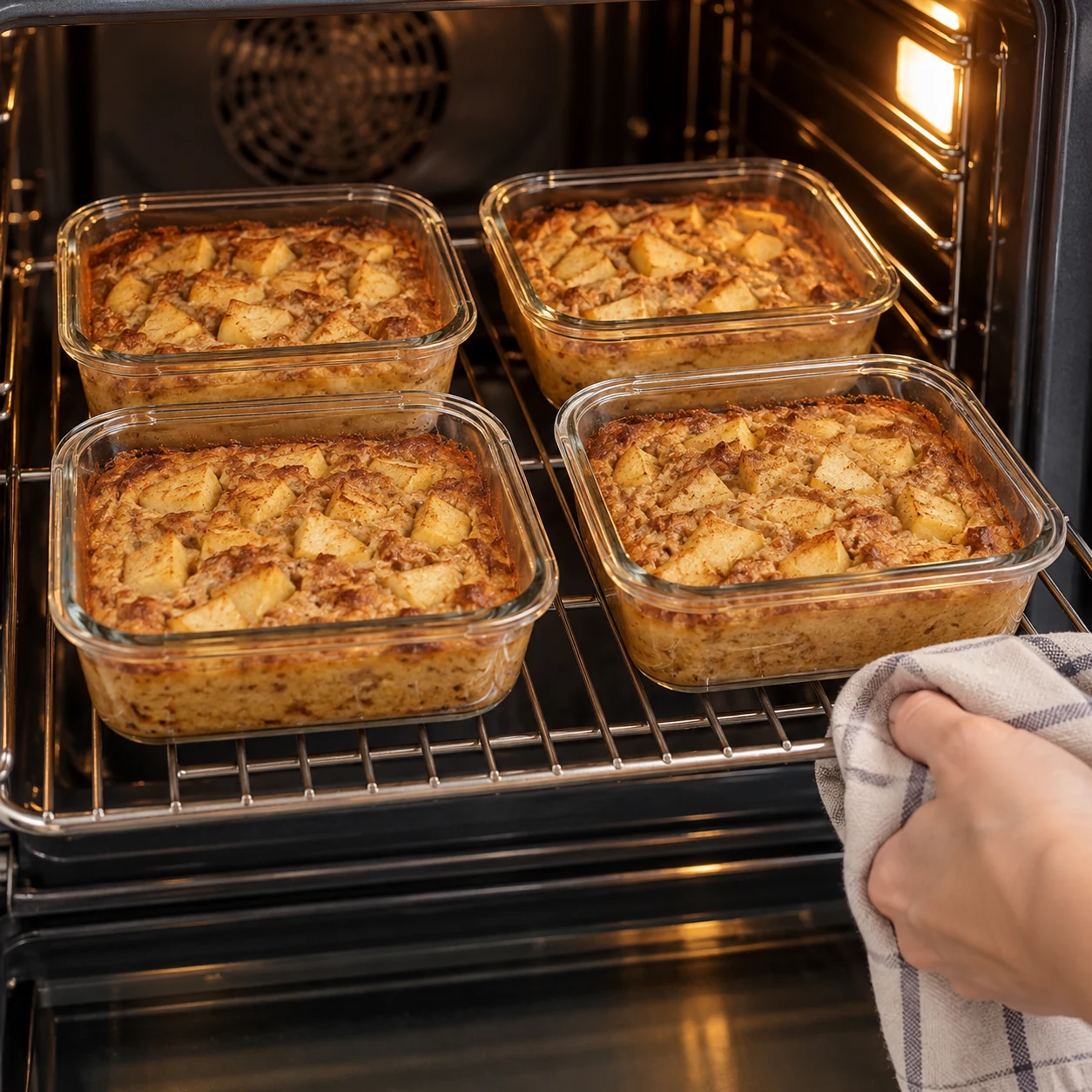 Quatre petits contenants rectangulaires en verre adaptés au four, sur une grille, avec bowls cuits dorés et dés de pomme tendres ; aucun couvercle, pas encore de spéculoos.