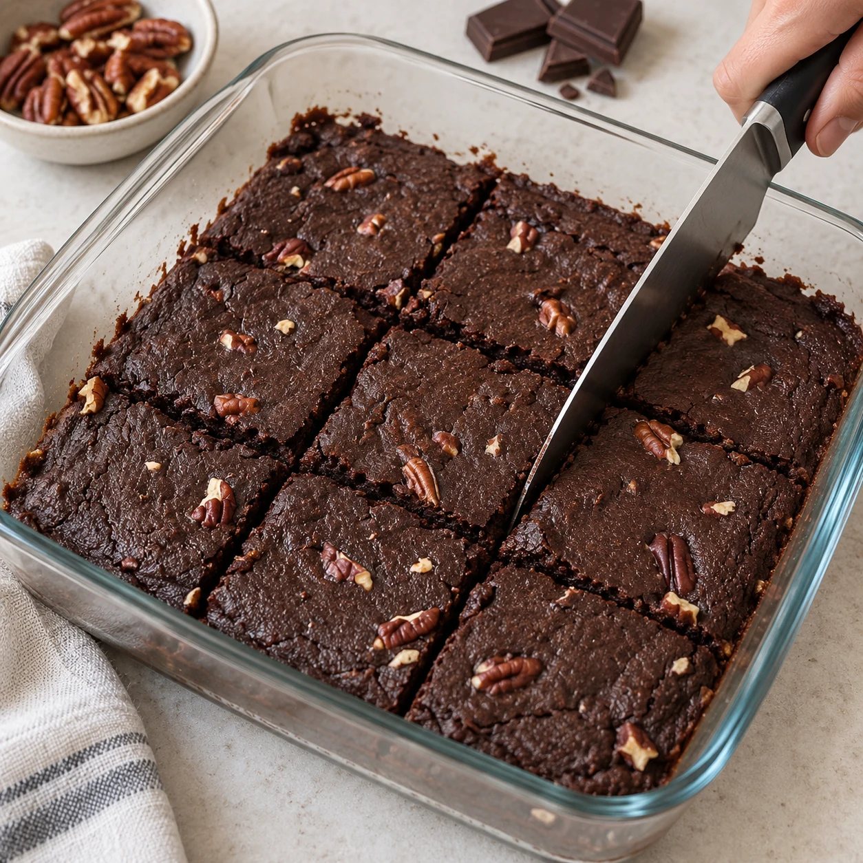 Brownie rectangulaire découpé en neuf carrés, couteau à côté. Chocolat noir à 70 %, couleur sombre ; adaptation documentée de la source.