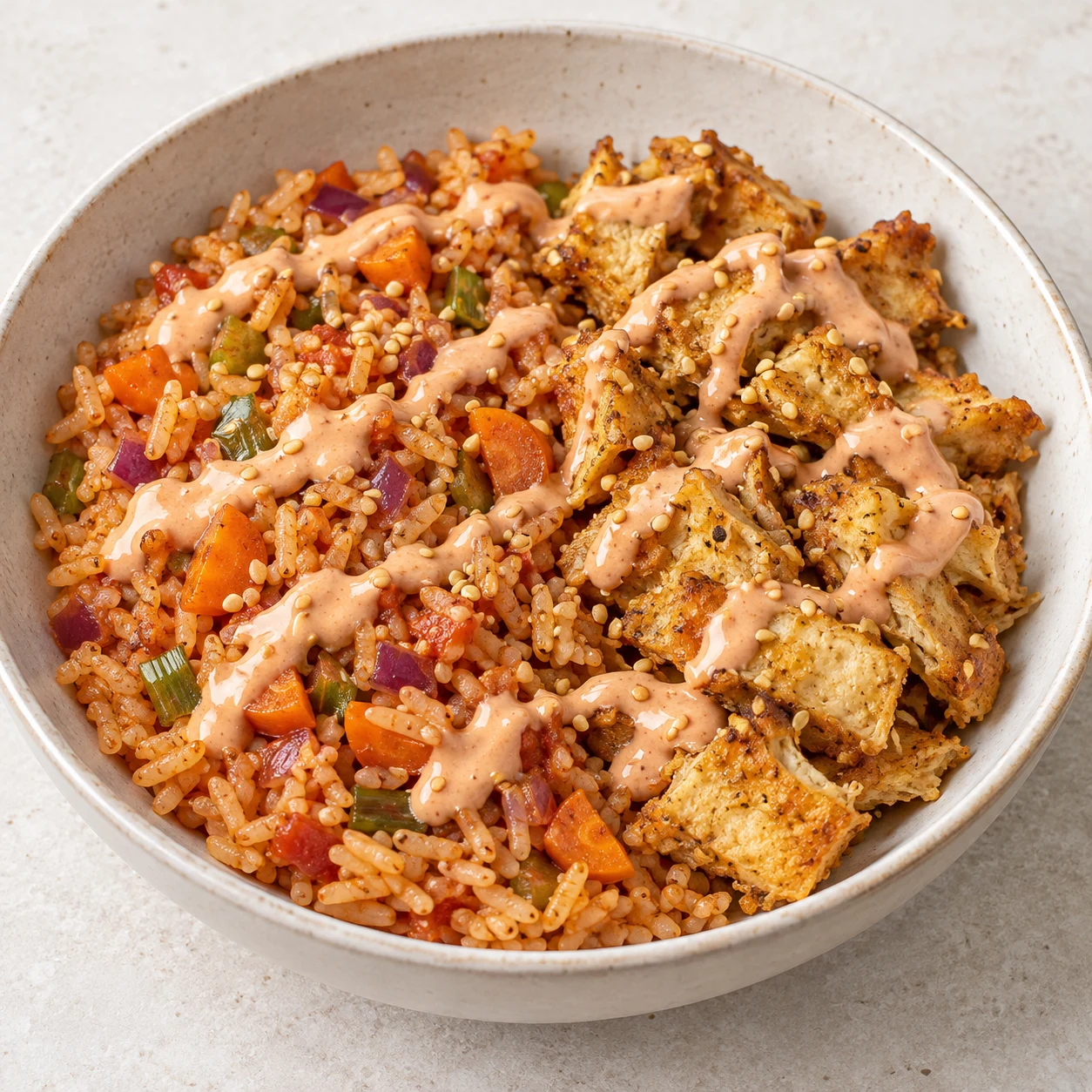 Riz aux légumes, tofu croustillant et sauce pimentée