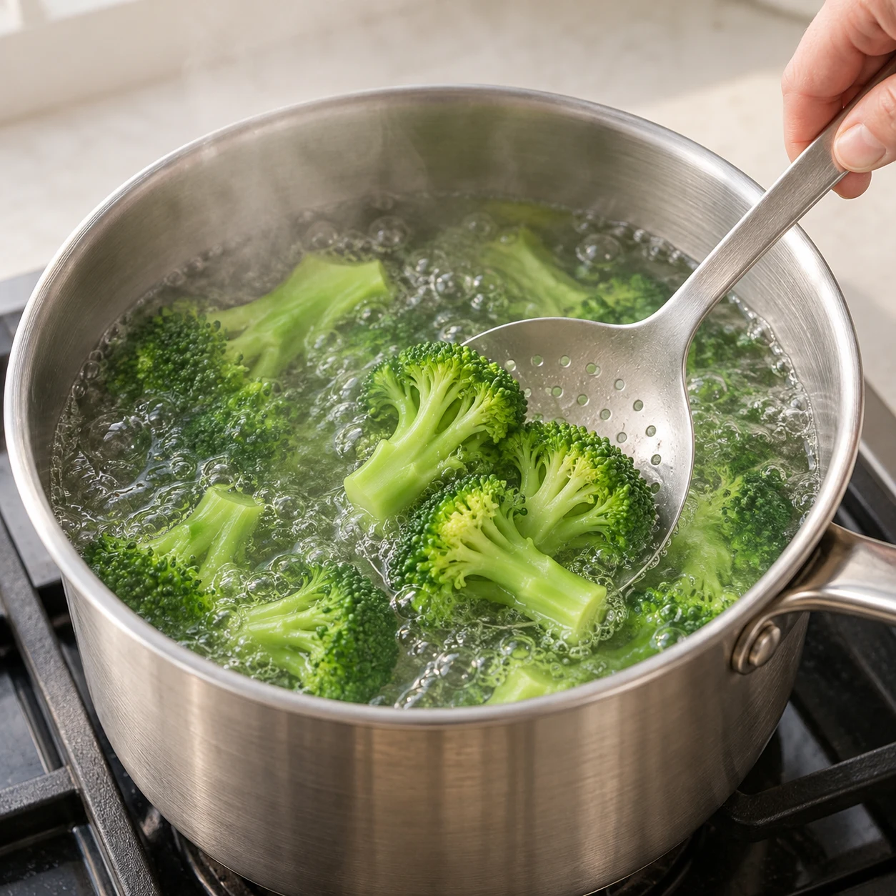 Brocoli vert dans une casserole d’eau bouillante légèrement salée.