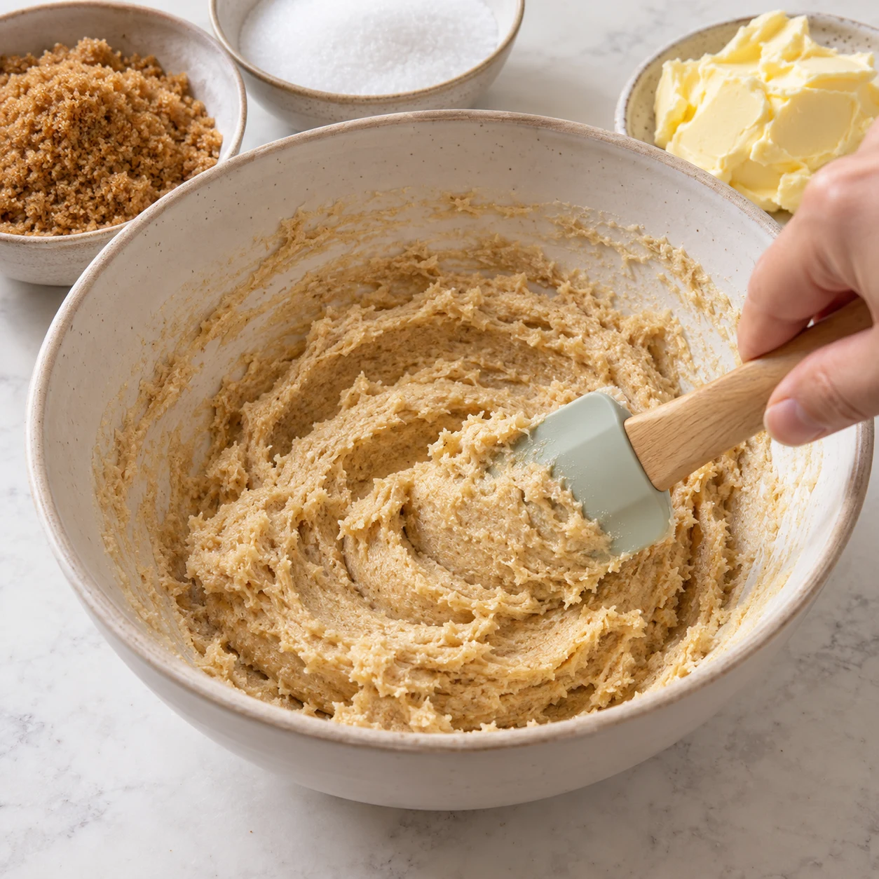 Spatule écrasant le bloc végétal mou avec les sucres, pâte crémeuse beige, pas de farine ni chocolat.
