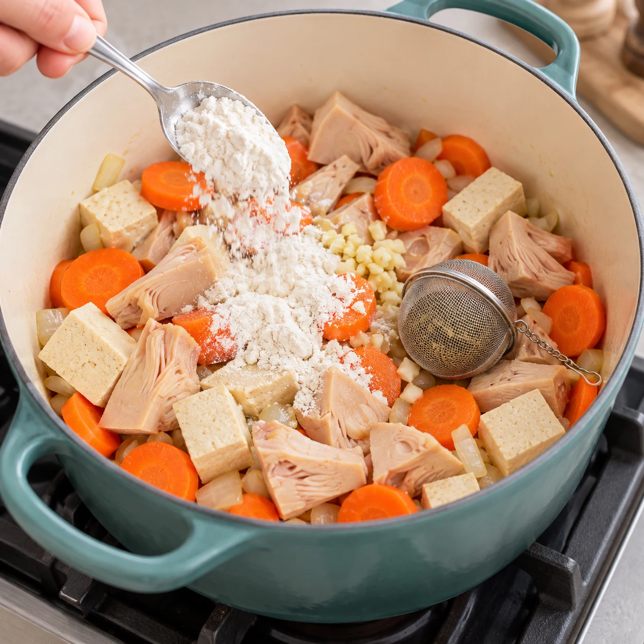 Ajoute la farine, l’ail haché, le herbes de Provence dans une boule à épices, les carottes, les morceaux de tofu ferme et le jacquier égoutté dans le faitout. Montrer seulement les ingrédients présents à cette étape, fidèles à la capture source, dans un cadre de livre de cuisine neutre sans visage, texte ni marque. Adaptation validée : représenter des champignons de Paris blancs et une boule à épices contenant les herbes de Provence, uniquement lorsqu’ils sont présents dans cette étape.