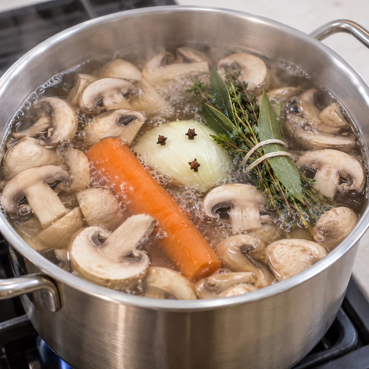 Préparer le bouillon végétal : Mets la carotte, le demi-oignon piqué, le bouquet garni et 600 g de champignons dans une grande marmite. Ajoute de l’eau pour couvrir et porte à frémissement. Laisse les aromates parfumer le bouillon ; la source ne chiffre pas cette durée. Repère final : Le bouillon frémit doucement et dégage une odeur de thym, de laurier et de légumes.