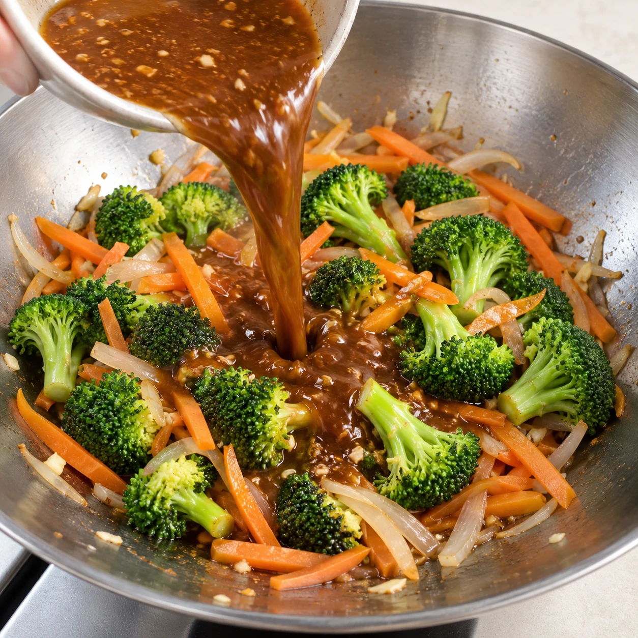 Versez toute la sauce dans le wok sur les légumes.