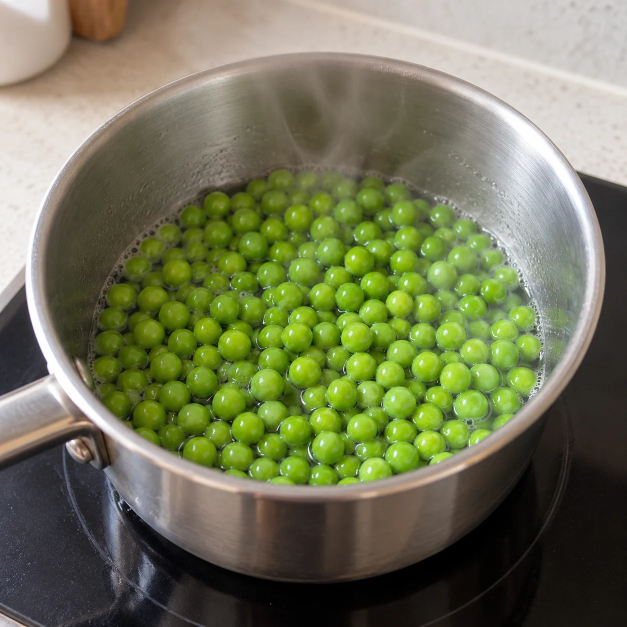 Petits pois verts seuls dans leur récipient de cuisson, prêts à être ajoutés à la salade ; aucune sauce ni autre ingrédient.