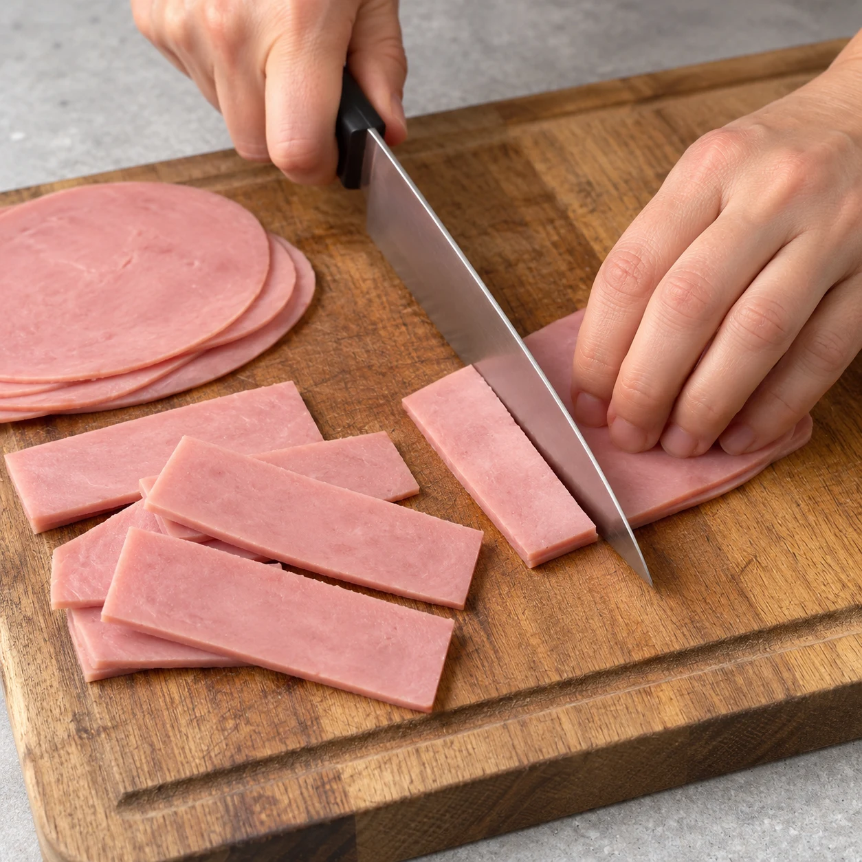 Découpe les 100 g de jambon végétal en morceaux adaptés à la largeur des toasts. Montrer seulement les ingrédients de cette étape, les alternatives véganes acceptées et des mains adultes anonymes si nécessaire.