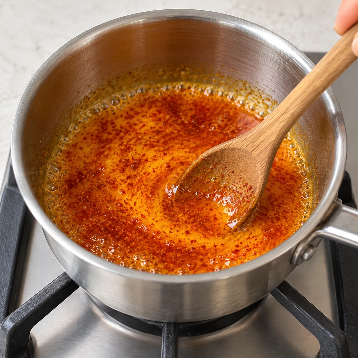 Petite casserole contenant une matière grasse végétale fondue rouge orangé, sans autre ingrédient.