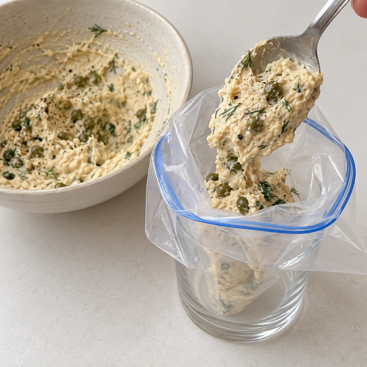 Cuillère transférant le houmous beige aux câpres et à l’aneth dans un second sac transparent.