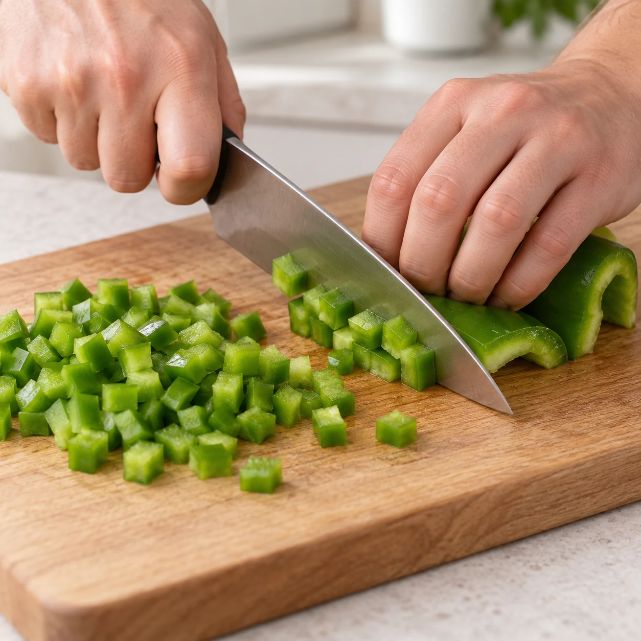 Couper le poivron : Le poivron est en petits dés réguliers. Ingrédients visibles exclusivement : Poivron vert en dés.
