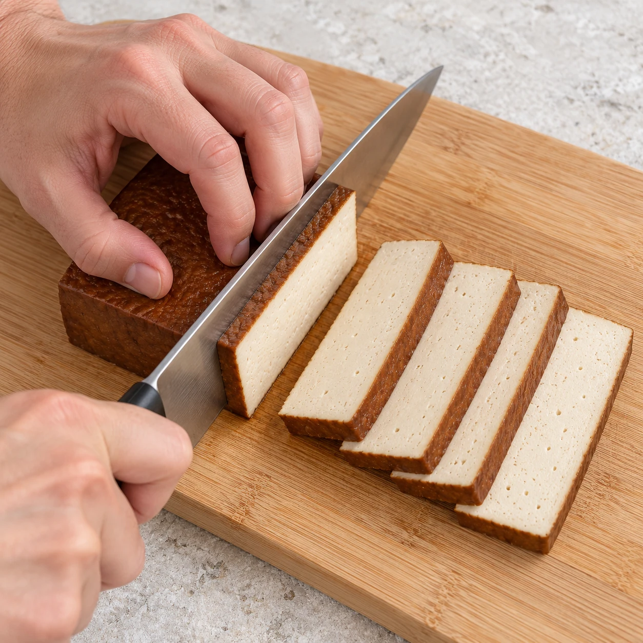 Coupez le tofu pressé en tranches sur une planche stable.