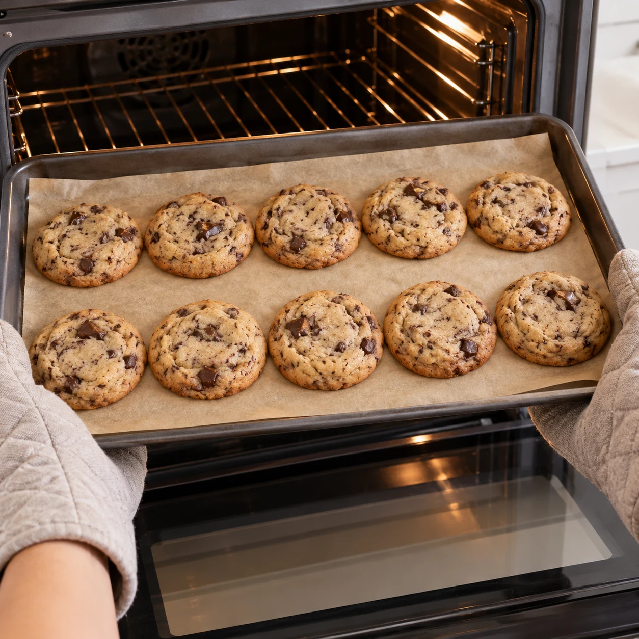 Plaque de cookies dorés aux morceaux de chocolat, sortie du four avec maniques neutres, aucun texte.