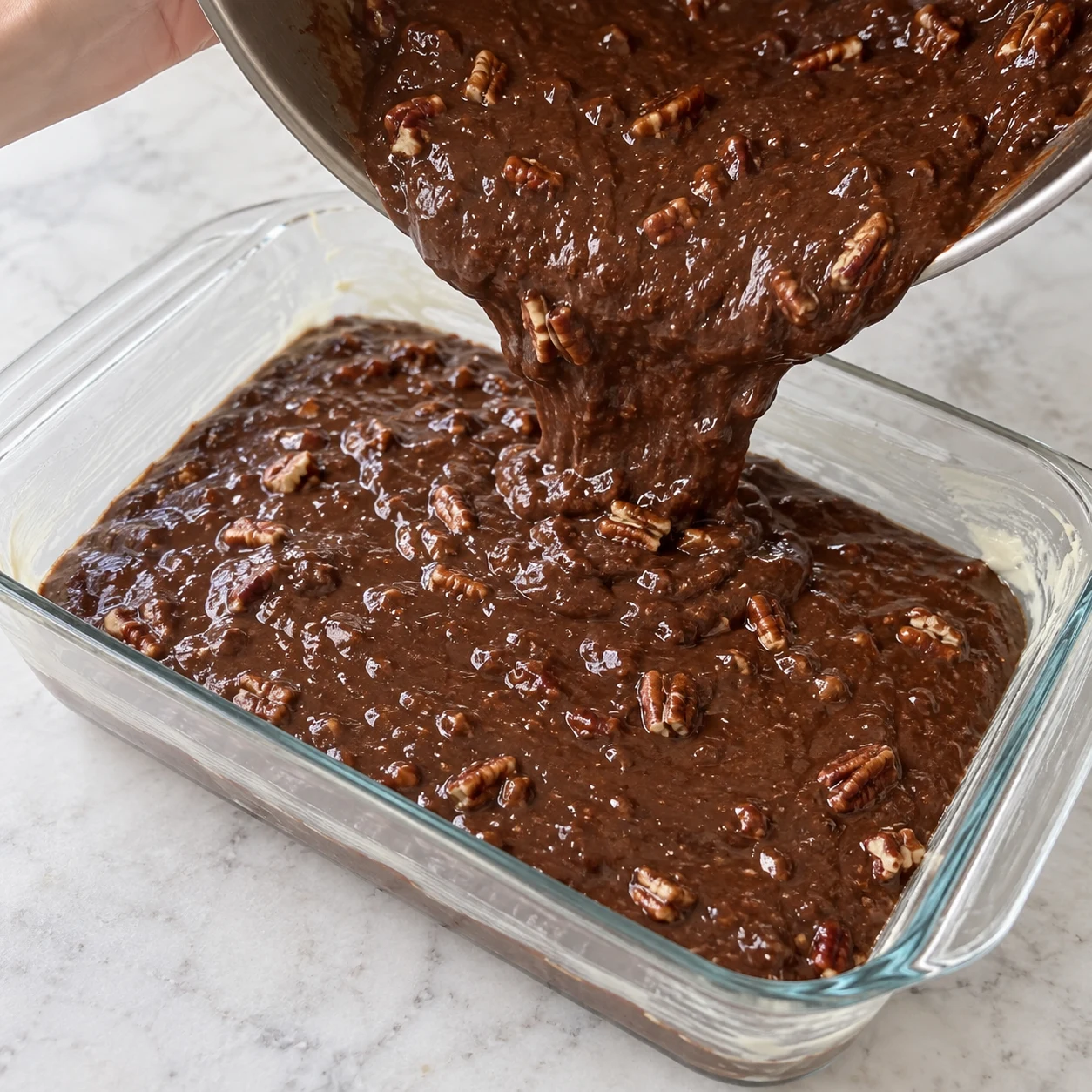 Pâte chocolatée aux pécans versée dans un moule rectangulaire. Chocolat noir à 70 %, couleur sombre ; adaptation documentée de la source.