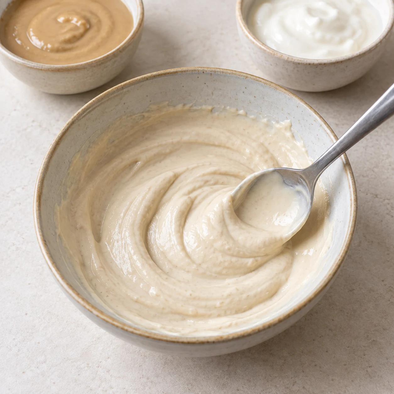 Une petite crème végétale au tahin et yaourt de soja, beige très pâle, homogène, mélangée à la cuillère dans un bol ; aucun fromage.