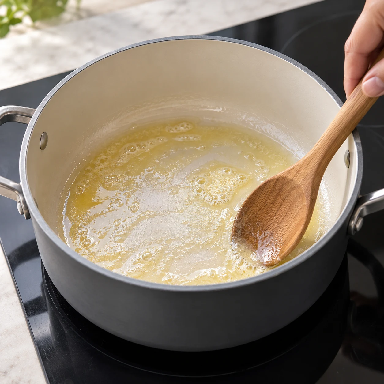 Faire fondre la margarine. La margarine est fondue dans le fond de la casserole.