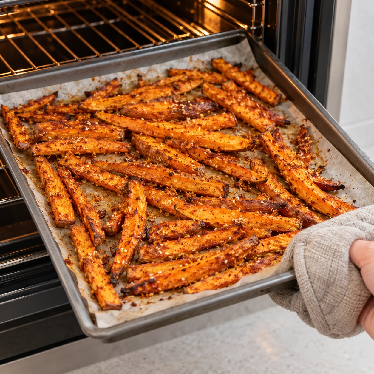 Frites cuites orange aux bords bruns, sur plaque en cours de retrait du four avec gant neutre.