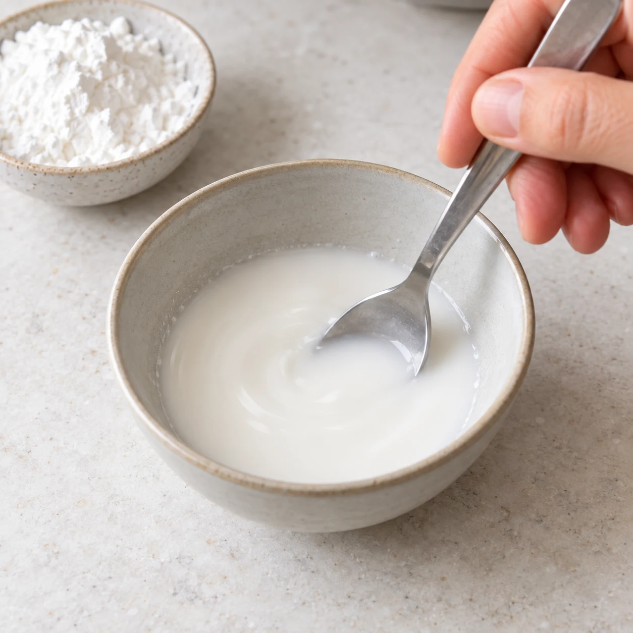 Petit bol de fécule de maïs blanche délayée, cuillère mélangeant le liquide.