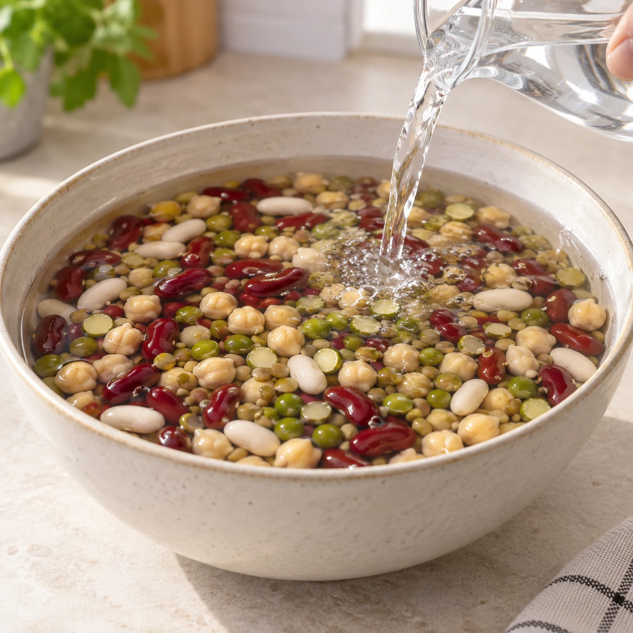 La veille, réunis les haricots rouges, pois chiches, lentilles vertes, haricots blancs et pois cassés dans un grand saladier, recouvre largement d’eau froide et laisse tremper au moins 12 heures. Résultat attendu : Les graines sont gonflées et restent immergées.