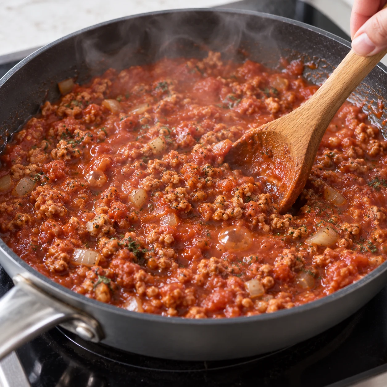 Sauce rouge au haché soja oignon ail persil mijotant à feu doux dans poêle.