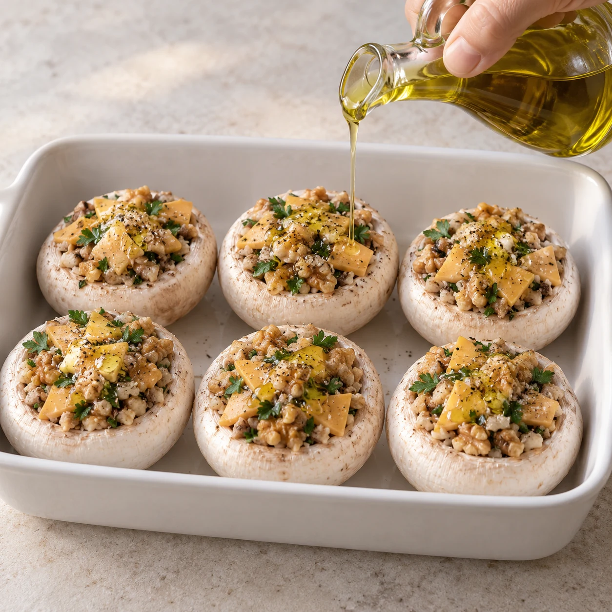 Trait d’huile d’olive versé sur six champignons farcis encore crus.