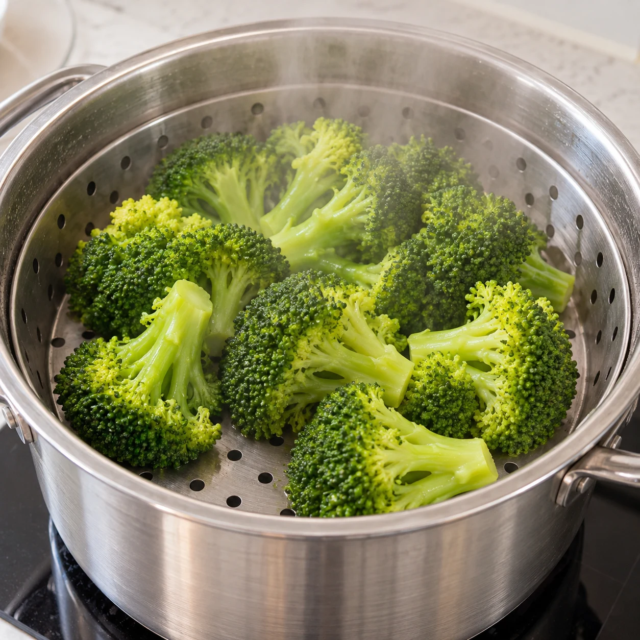 Brocoli seul dans le panier vapeur, vert cuit tendre ; ni crème ni patate douce ni fromage.