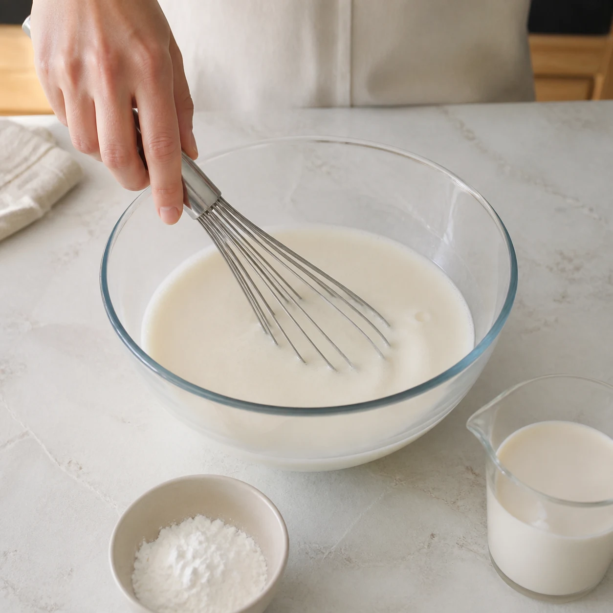 Grand bol avec appareil à quiche végétal lisse couleur ivoire, fouet manuel visible, crème de soja et fécule sur le plan.