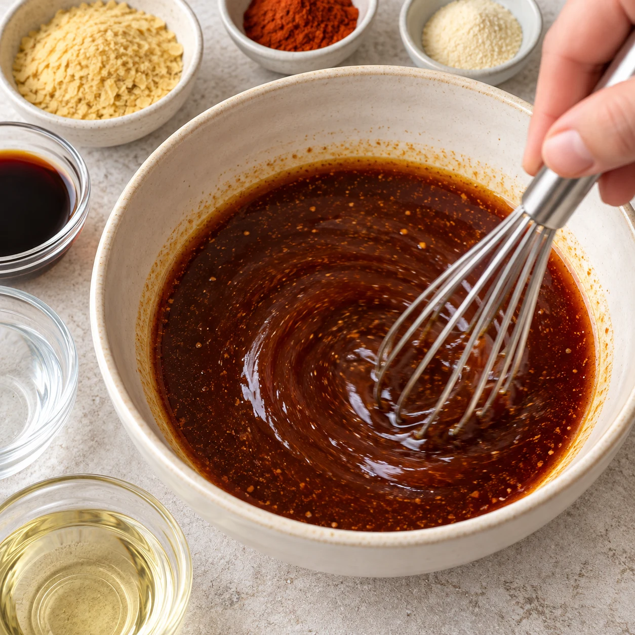 Mélanger la marinade. Mélangez la levure maltée, le paprika fumé, l’ail en poudre, la sauce soja, l’eau et les 2 càs d’huile de tournesol. Résultat : La marinade est homogène, sans amas secs de levure ni d’épices. Une seule phase, ingrédients déjà présents seulement.
