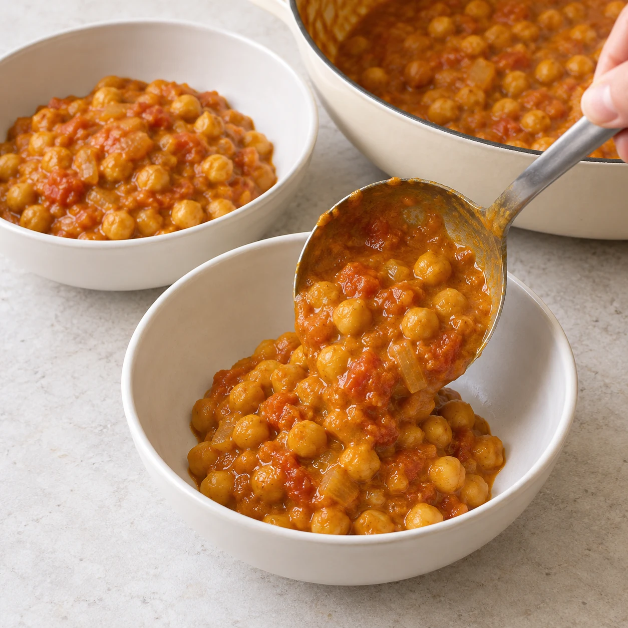 Une main anonyme verse le curry de pois chiches orangé dans un bol blanc avec une cuillère; aucun riz, coriandre ni huile pimentée.