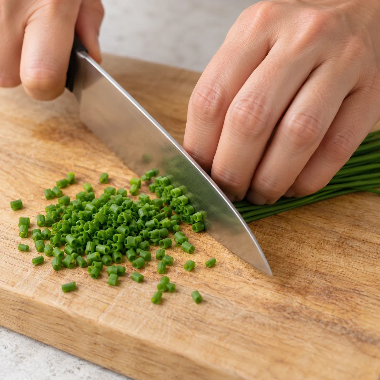 Gros plan sur des mains adultes anonymes ciselant une petite quantité de ciboulette fraîche en petits tronçons verts ; couteau sur planche stable et prise en griffe sûre. Aucune sauce ni ingrédient ultérieur.