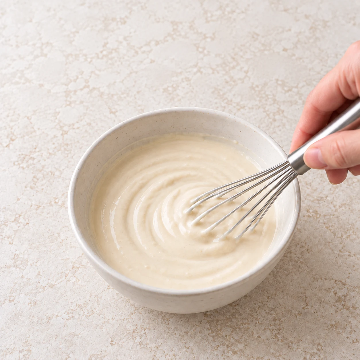 Une main anonyme mélange au fouet dans un petit bol blanc une sauce froide au yaourt de soja, au tahini et au citron.