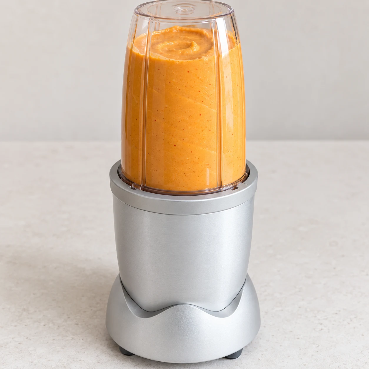 Mixeur fermé sans marque contenant un houmous orange crémeux, aucune personne visible.