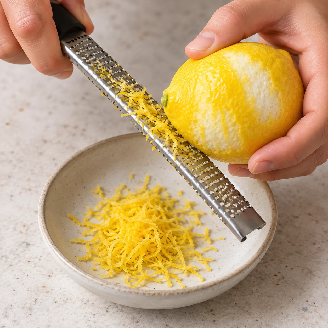Prélever le zeste du citron : Le zeste jaune est en fines râpures et la peau blanche reste sur le fruit.