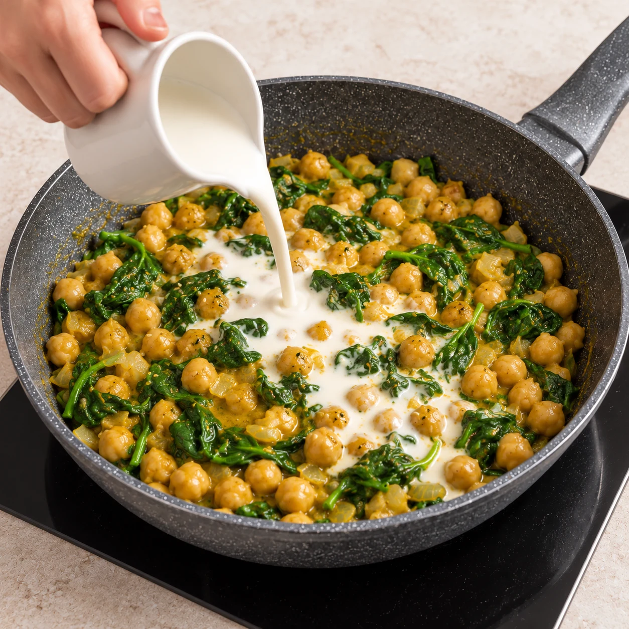 Crème végétale blanche versée depuis un petit pichet neutre sur les pois chiches et les épinards.