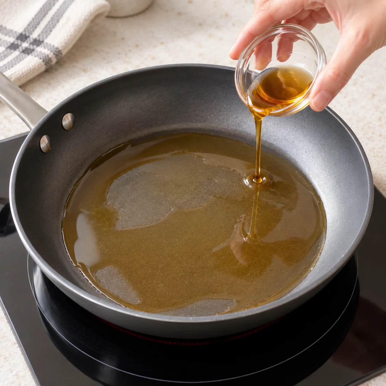 Filet d’huile de sésame versé depuis un petit récipient neutre dans une poêle vide.