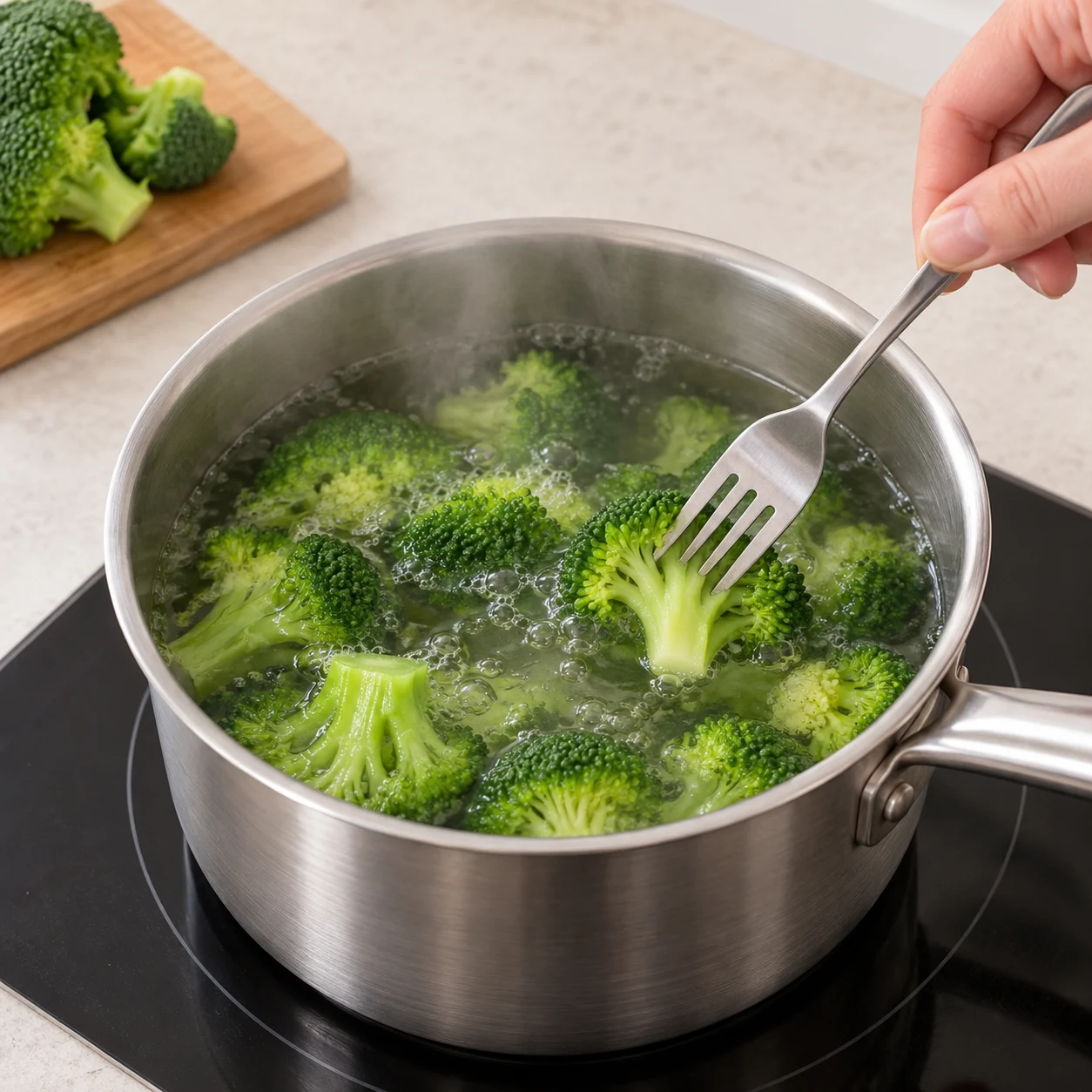 Fleurettes de brocoli vert dans une casserole d’eau chaude ; pas de pâte ni de garniture.