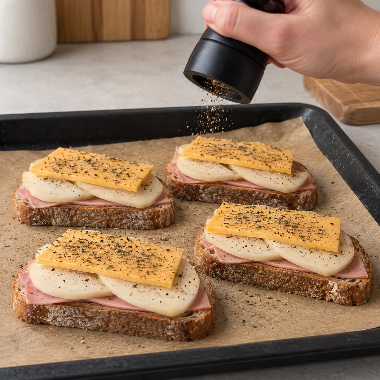 Ajoute un peu de poivre sur les toasts. Montrer seulement les ingrédients de cette étape, les alternatives véganes acceptées et des mains adultes anonymes si nécessaire.