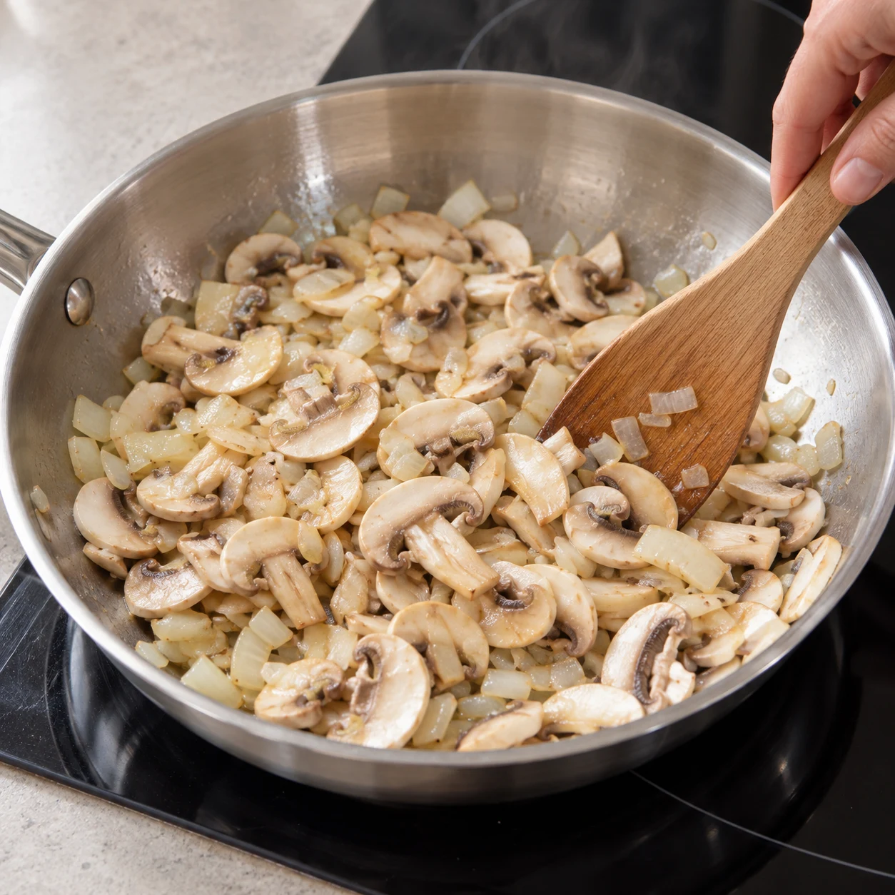 Lamelles de champignons ajoutées à l’oignon dans une poêle.