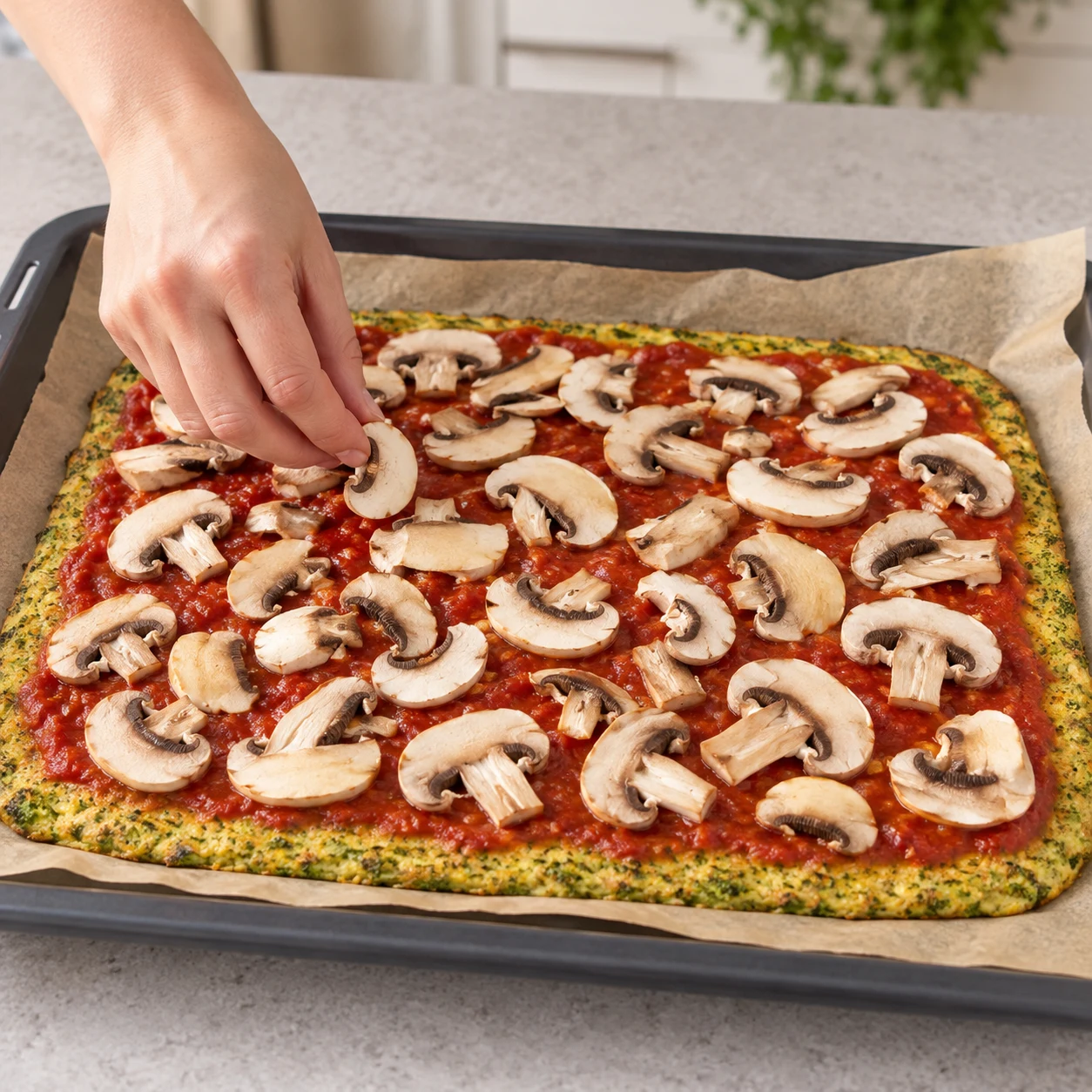 Main posant lamelles de champignons sur sauce tomate et base brocoli ; ni jambon ni fromage.