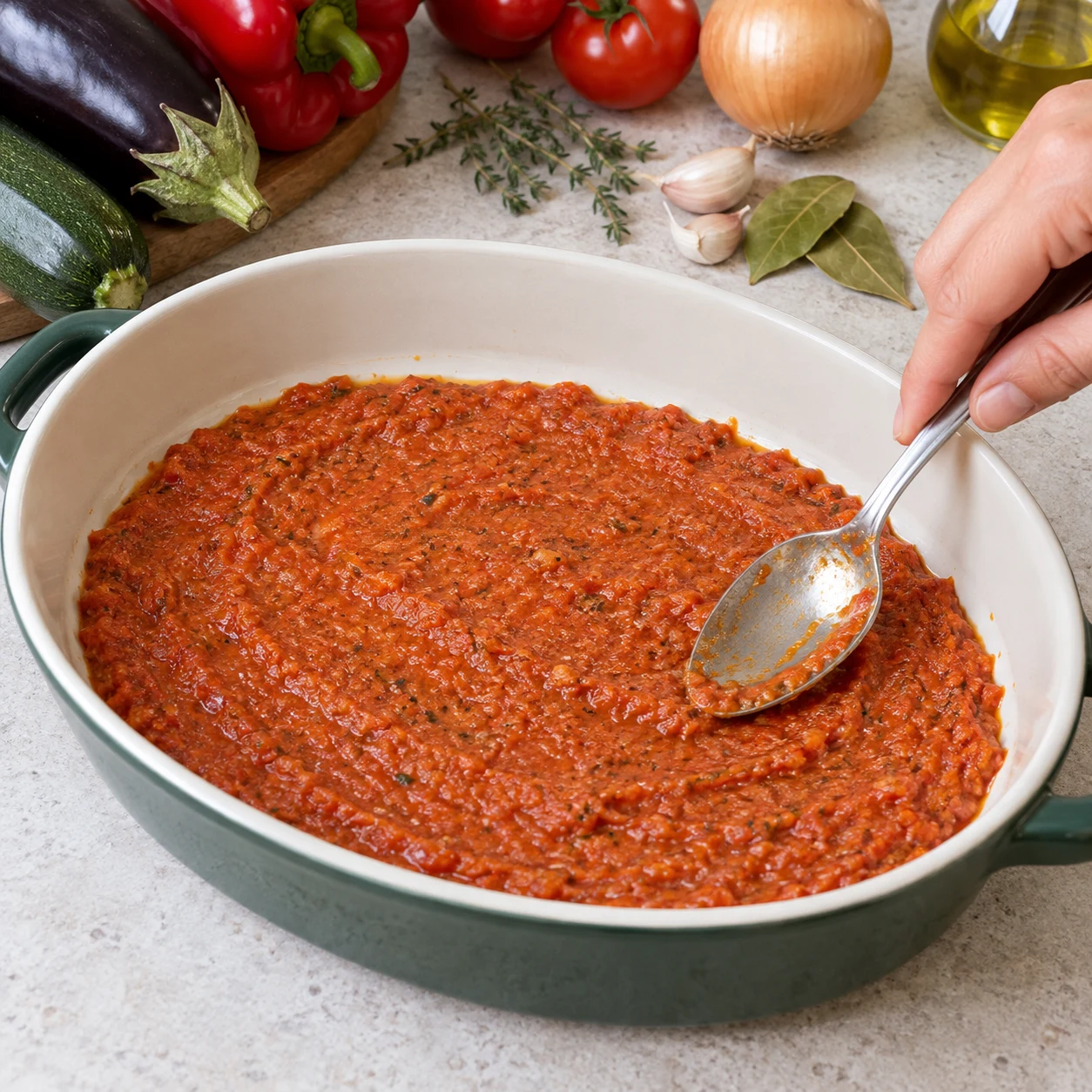Étaler le confit : Le fond du plat est couvert d’une couche régulière de sauce.