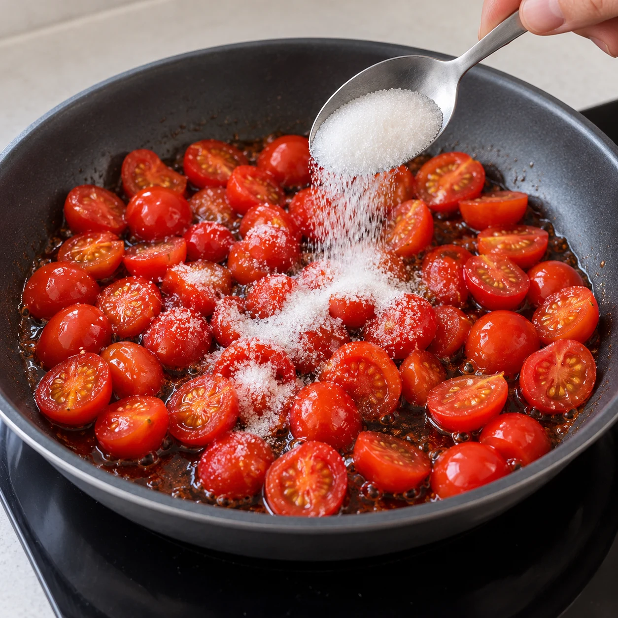 Ajoutez les deux cuillères à soupe de sucre aux tomates. Montrer une seule phase et aucune personne identifiable.