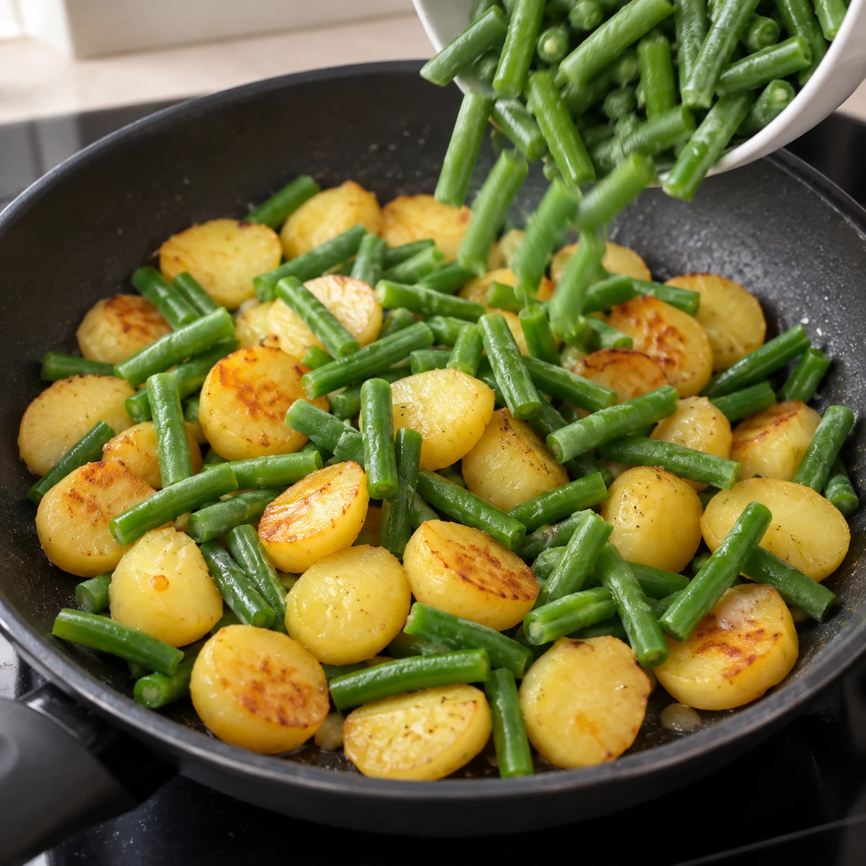 Ajouter les haricots verts : Ajoutez les haricots verts en tronçons aux pommes de terre. Résultat : Les haricots sont répartis entre les rondelles dorées.