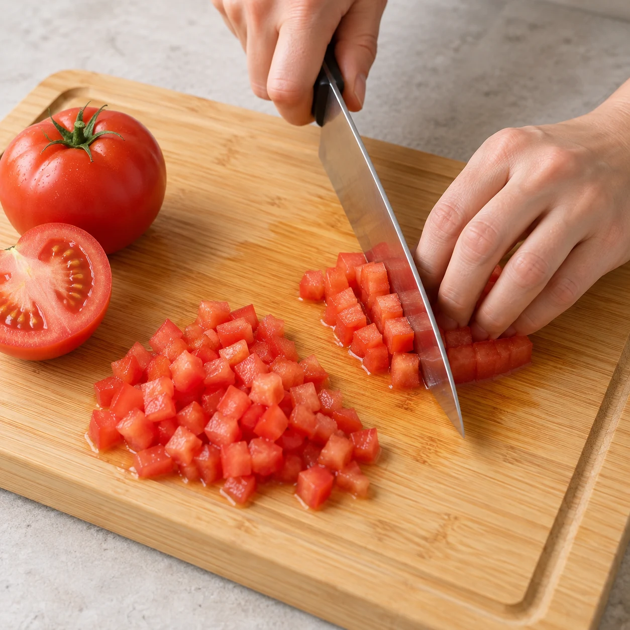 Coupe la tomate en petits dés sur une planche stable et réserve-les pour la garniture.
