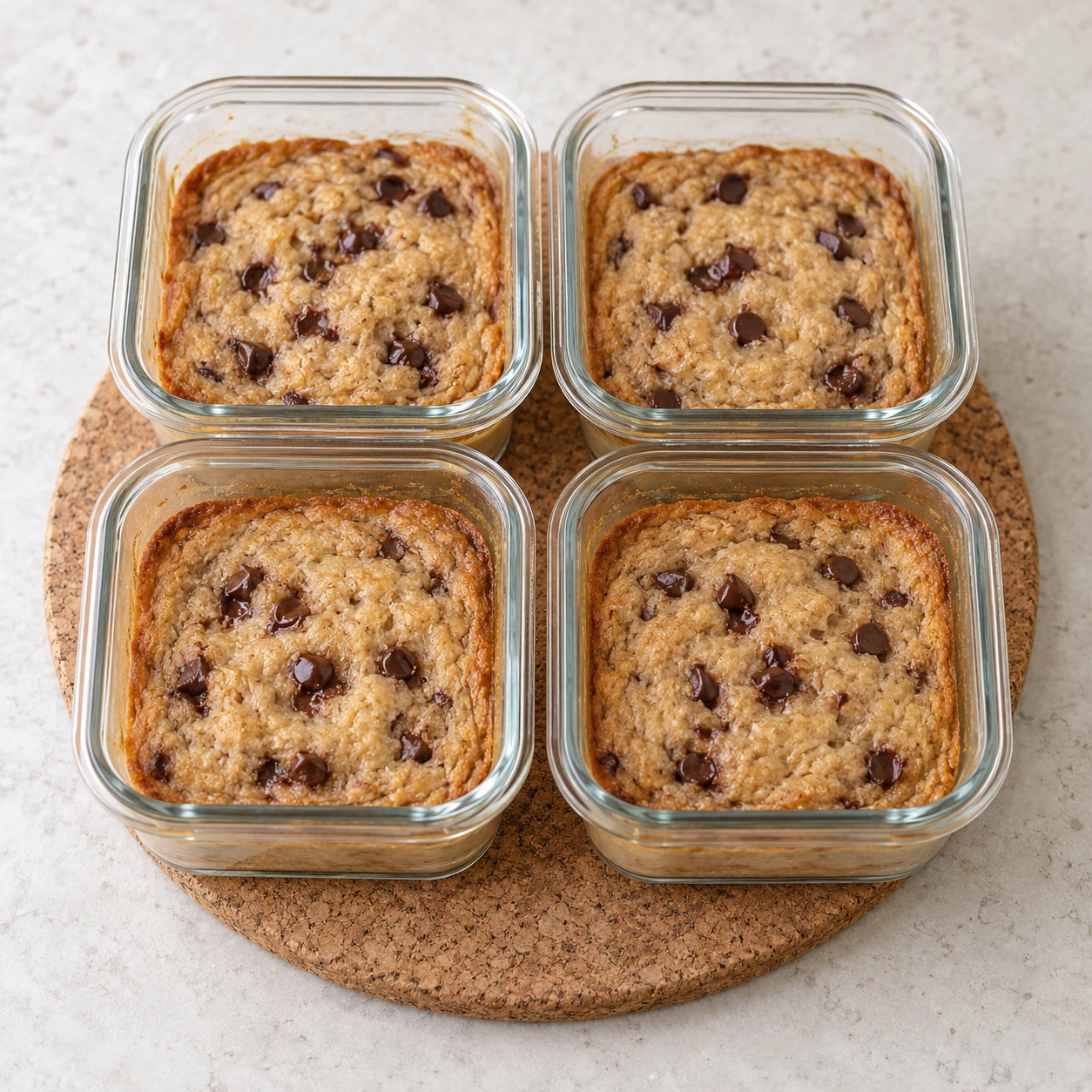 Quatre petits récipients en verre contenant les cakes avoine banane pépites sur un dessous de plat neutre, aucune main ni couvercle.