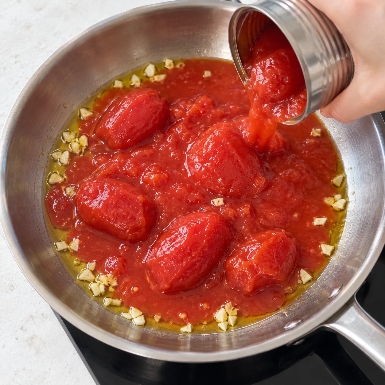 Ajouter les tomates pelées : Les tomates et leur jus occupent le fond de la poêle. Une seule scène correspondant à cette action, lumière naturelle claire sur pierre pâle, aucun texte ni personne identifiable.