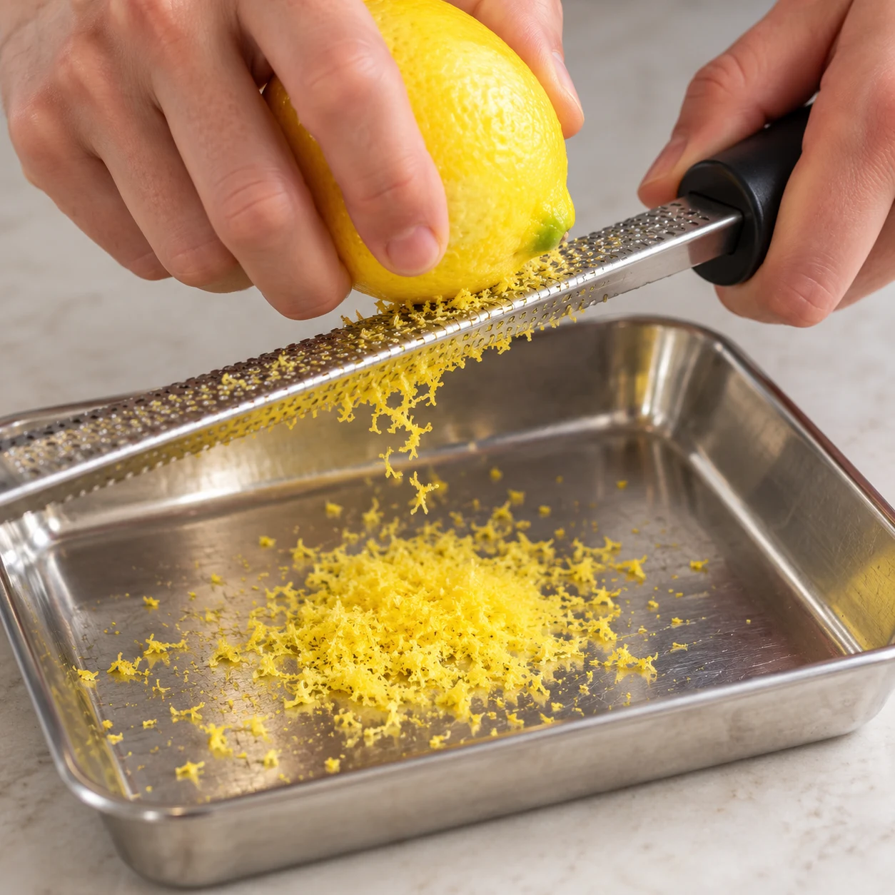 Citron jaune râpé sur une râpe fine, zeste dans plat neutre.