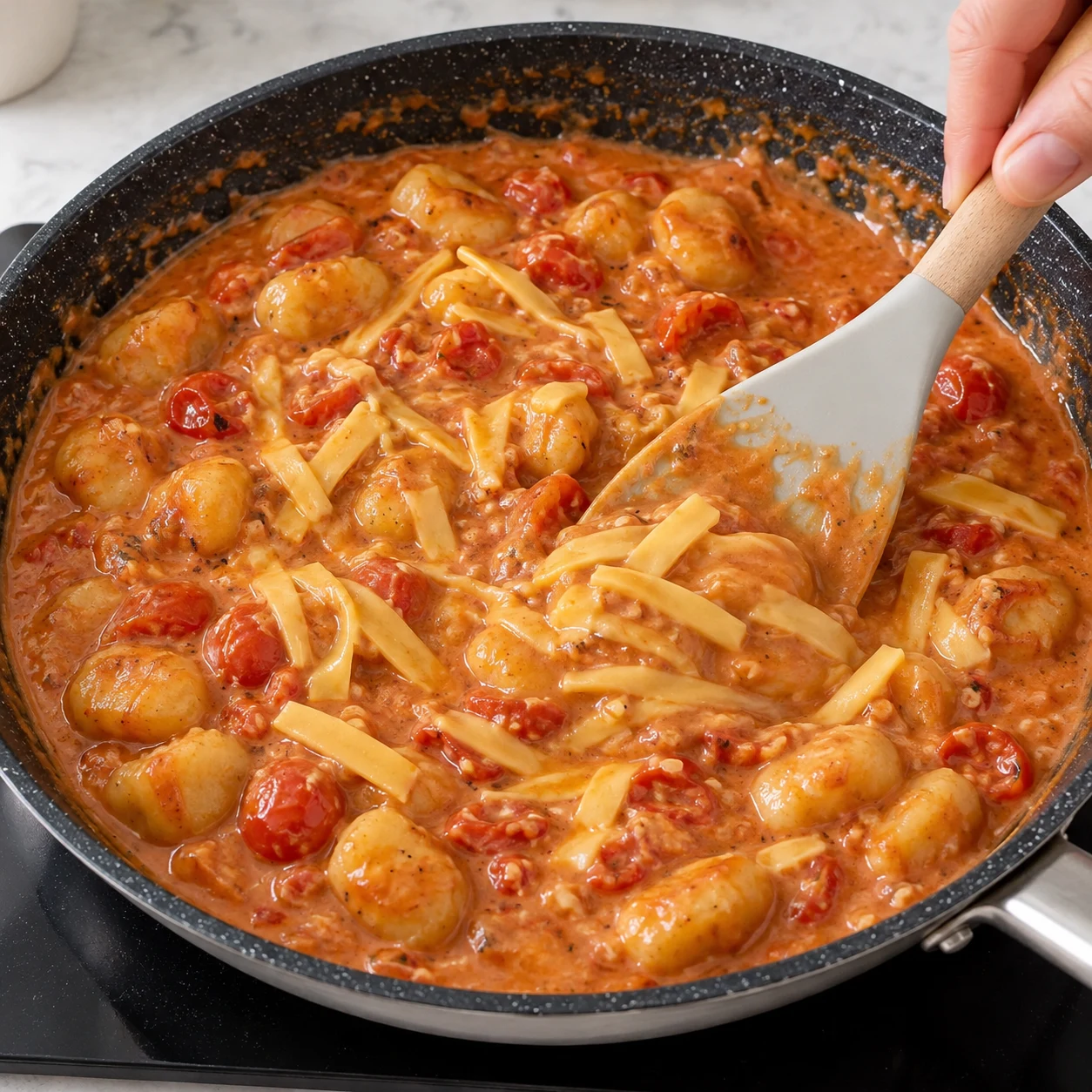 Spatule incorporant les fines lanières jaunes végétales dans la sauce chaude, sans longs fils.