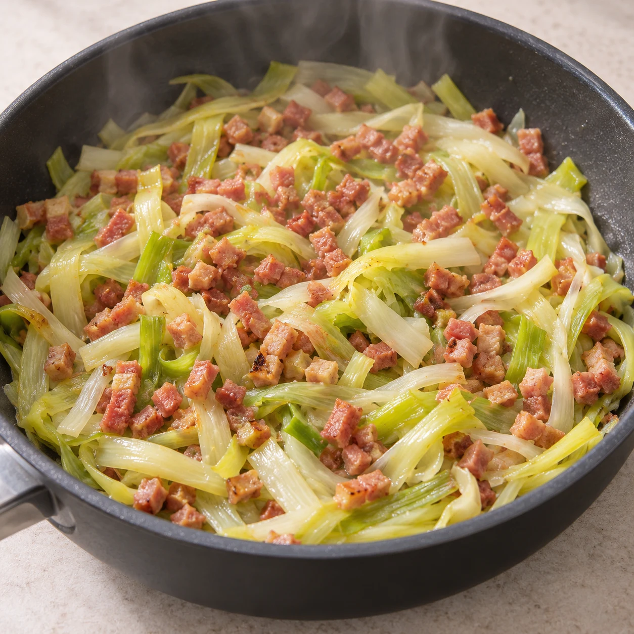 Ajout de petits lardons végétaux rosés dans les lanières de poireaux cuites.