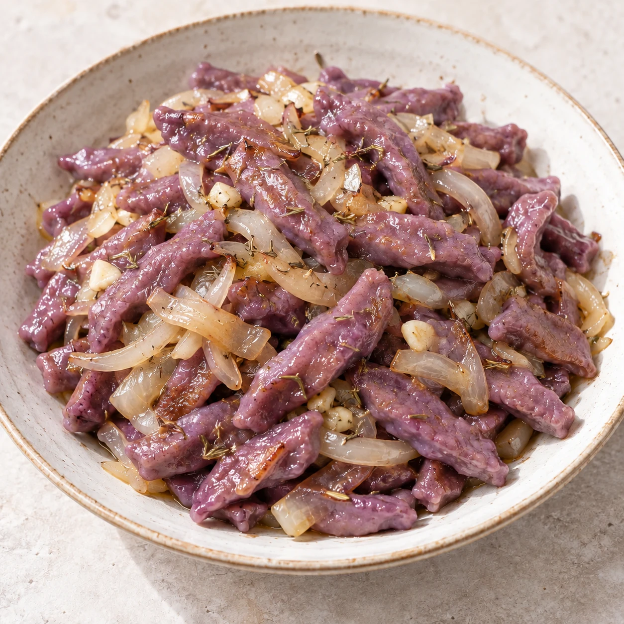Pâtes maison au chou rouge, oignons et thym