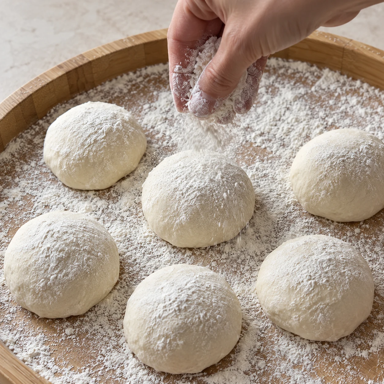 Fariner les pâtons. Une fine couche de farine recouvre les pâtons.