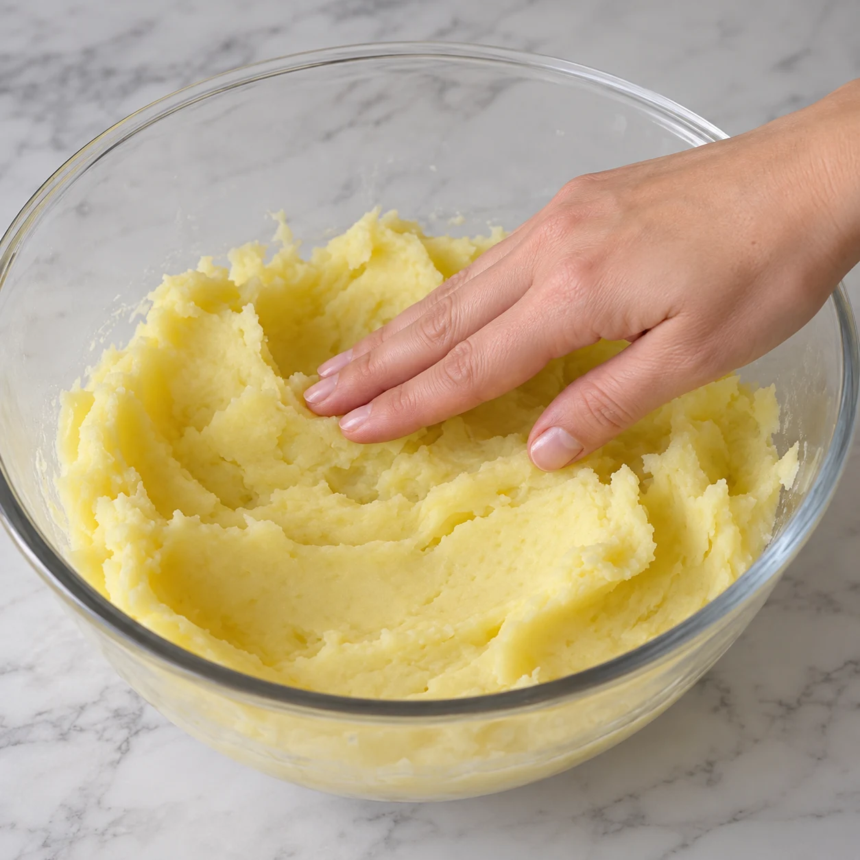Laisse refroidir la purée avant d’ajouter la farine. Montrer le geste et l’état attendu : La purée n’est plus chaude au toucher.